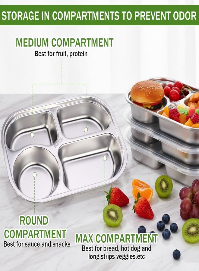Potchen 6 Pack Stainless Steel Snack Containers with Lids, Reusable 4 Compartments Bento Boxes Meal Prep Snack Lunch Box for Adults, Divided Food Storage Container for Home Travel - Image 3