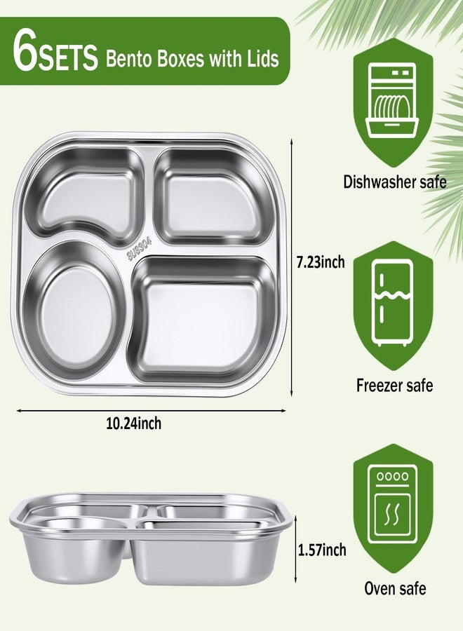 Potchen 6 Pack Stainless Steel Snack Containers with Lids, Reusable 4 Compartments Bento Boxes Meal Prep Snack Lunch Box for Adults, Divided Food Storage Container for Home Travel - Image 2