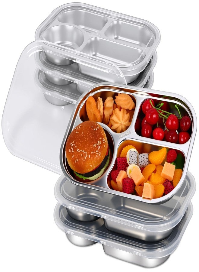 Potchen 6 Pack Stainless Steel Snack Containers with Lids, Reusable 4 Compartments Bento Boxes Meal Prep Snack Lunch Box for Adults, Divided Food Storage Container for Home Travel - Image 1