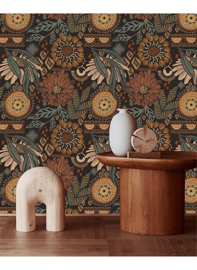 HAOKHOME 93291 Wallpaper Peel And Stick Floral Boho Brown/Peachpuff/Green Retro Wall Decor Bathroom Removable Mural 17.7In X 9.8Ft  - Image 2