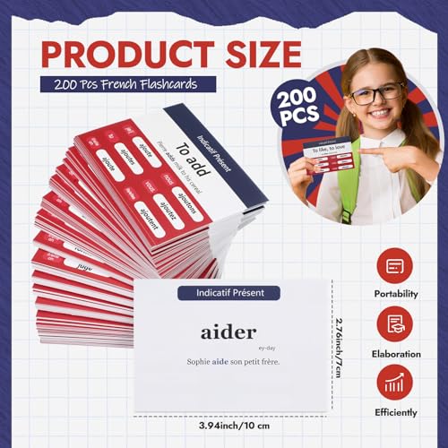 Resurhang 200 Pcs French Flashcards French Verb Conjugation Present Tense Flash Cards English for Adults Study - Image 2