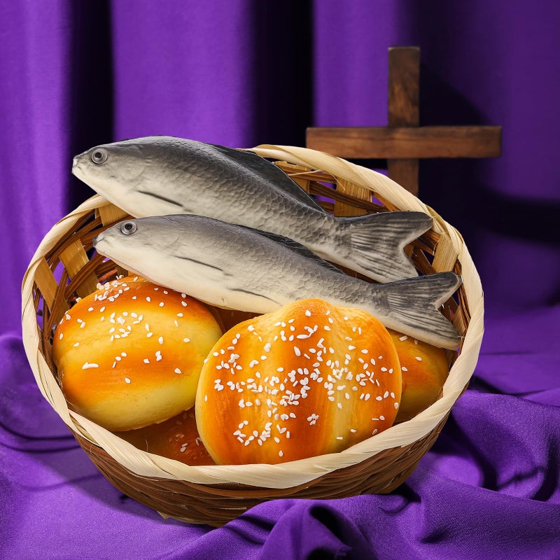 Shappy 8 Pcs Jesus Miracle Loaves and Fish Decorations Include 2 Fake Fish and 5 Fake Artificial Bread with a Basket Sunday and Religious Learning Activities(Crucian Carp) - Image 5