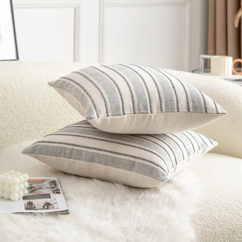 Cethom Decorative Boho Throw Pillow Covers, Farmhouse Textured Pillow Case, 20 x 20 Inch Set of 2, Chair Sofa Bedroom Living Room Home Decor Couch Cushion Case, Grey and Beige Striped - Image 3
