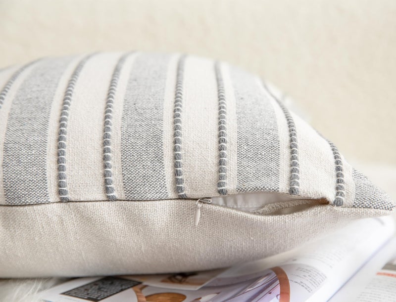 Cethom Decorative Boho Throw Pillow Covers, Farmhouse Textured Pillow Case, 20 x 20 Inch Set of 2, Chair Sofa Bedroom Living Room Home Decor Couch Cushion Case, Grey and Beige Striped - Image 5