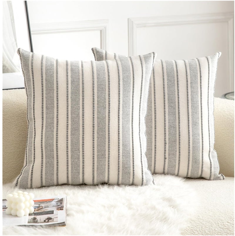 Cethom Decorative Boho Throw Pillow Covers, Farmhouse Textured Pillow Case, 20 x 20 Inch Set of 2, Chair Sofa Bedroom Living Room Home Decor Couch Cushion Case, Grey and Beige Striped - Image 1