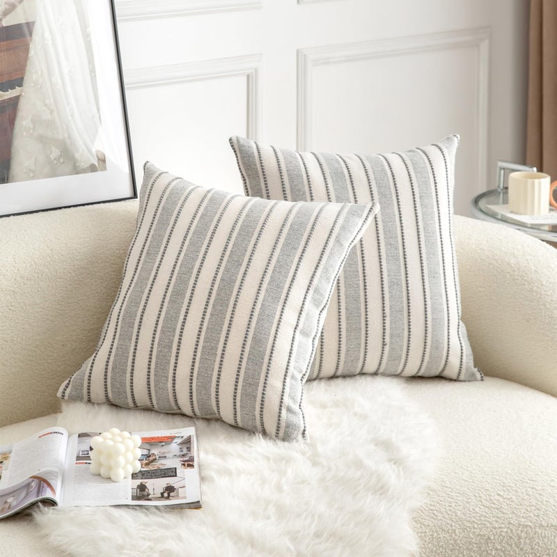 Cethom Decorative Boho Throw Pillow Covers, Farmhouse Textured Pillow Case, 20 x 20 Inch Set of 2, Chair Sofa Bedroom Living Room Home Decor Couch Cushion Case, Grey and Beige Striped - Image 2