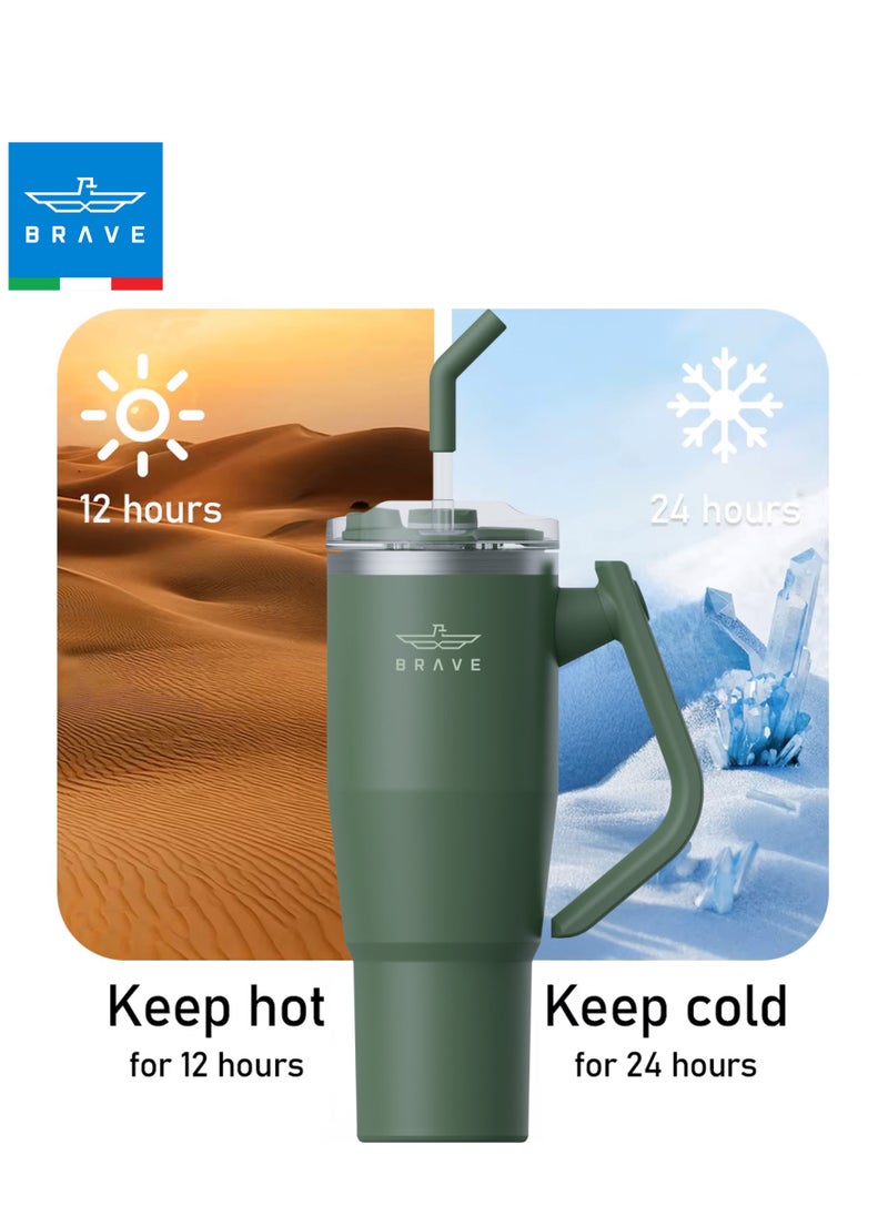 Brave 40oz (1200ml) Stainless Steel Insulated Tumbler with 180° Rotating Handle and Lid with Straw, 100% Leak Proof Travel Coffee Mug, Double Wall Vacuum Insulated Tumbler, Keeps Drinks Cold for 24 Hours or Hot for 12 Hours, BPA Free, Durable, Reusable, Cup Holder Friendly, Large Coffee Mug and Water Bottle for Hot and Cold Drinks, Perfect for Office, Travel, Gym (Green)  - Image 4