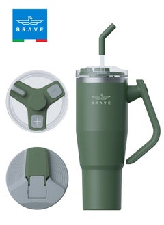 Brave 40oz (1200ml) Stainless Steel Insulated Tumbler with 180° Rotating Handle and Lid with Straw, 100% Leak Proof Travel Coffee Mug, Double Wall Vacuum Insulated Tumbler, Keeps Drinks Cold for 24 Hours or Hot for 12 Hours, BPA Free, Durable, Reusable, Cup Holder Friendly, Large Coffee Mug and Water Bottle for Hot and Cold Drinks, Perfect for Office, Travel, Gym (Green)  - Image 1
