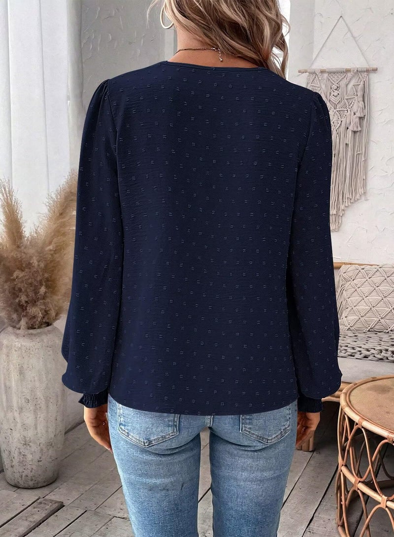 Falechay Womens Winter Blouses V Neck Lace Hem Basic Tee Shirts Flowy Chiffon Blouses Navy Blue Clothing for Women M - Image 2