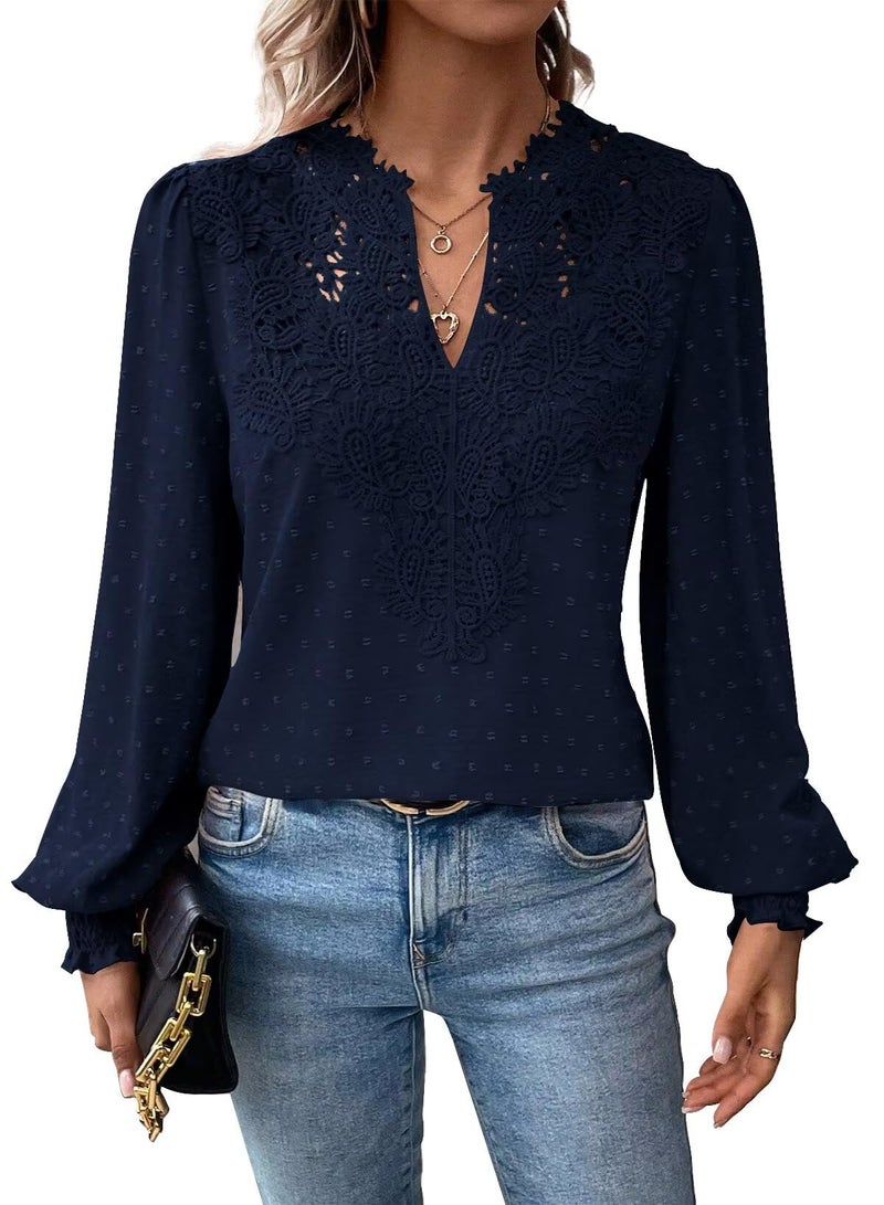 Falechay Womens Winter Blouses V Neck Lace Hem Basic Tee Shirts Flowy Chiffon Blouses Navy Blue Clothing for Women M - Image 1