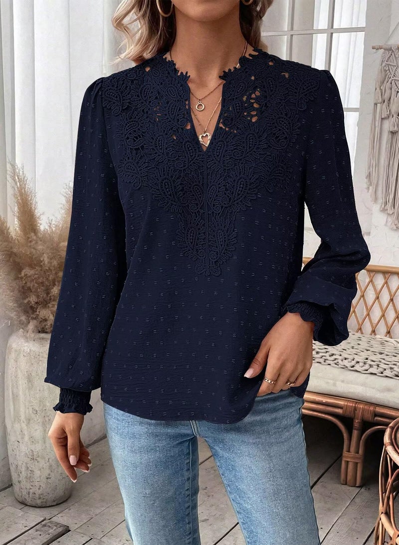 Falechay Womens Winter Blouses V Neck Lace Hem Basic Tee Shirts Flowy Chiffon Blouses Navy Blue Clothing for Women M - Image 4