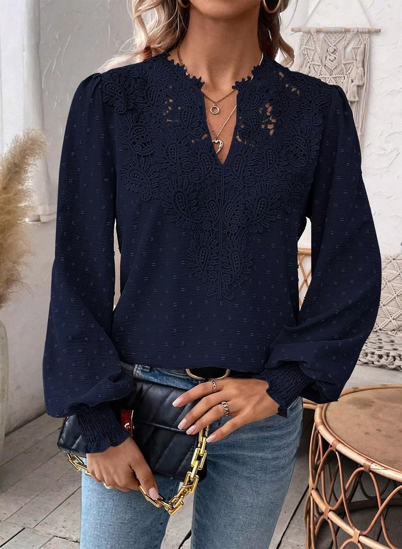 Falechay Womens Winter Blouses V Neck Lace Hem Basic Tee Shirts Flowy Chiffon Blouses Navy Blue Clothing for Women M - Image 5
