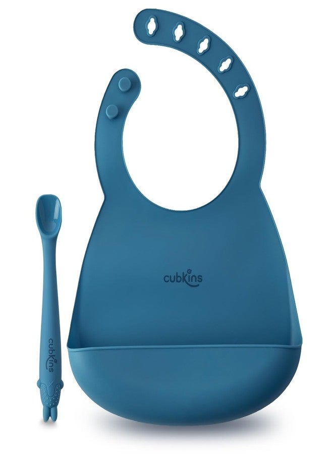 CUBKINS Silicone Baby Bib for Feeding & Weaning Babies, Toddlers with Early Feeding Bendable Spoon | Washable & Reusable, Non-Messy Easy to Clean, Adjustable Neckline with Buttons (Blue Olive) - Image 1