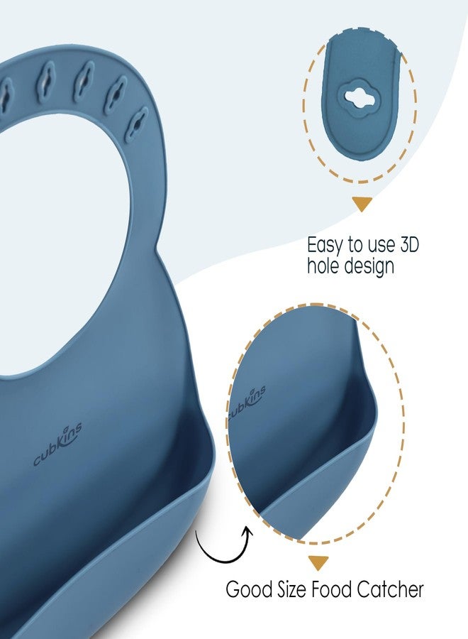CUBKINS Silicone Baby Bib for Feeding & Weaning Babies, Toddlers with Early Feeding Bendable Spoon | Washable & Reusable, Non-Messy Easy to Clean, Adjustable Neckline with Buttons (Blue Olive) - Image 4