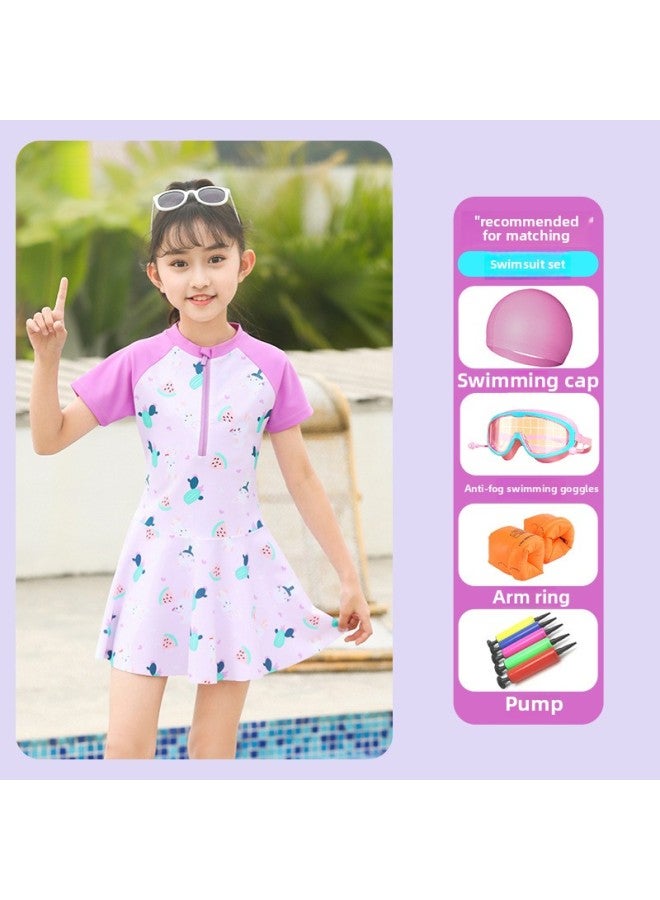 Loquat Children's Swimwear Girls' Western-style Dress Split Boxers Swimwear Girls' Training Special Swimsuit-Color:Purple {five-piece Set}-  - Image 1