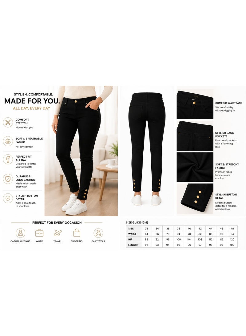 NOVA TECH Women's Slim Fit Stretch High Waist Pants with Button Ankle Detail, Black - Image 3