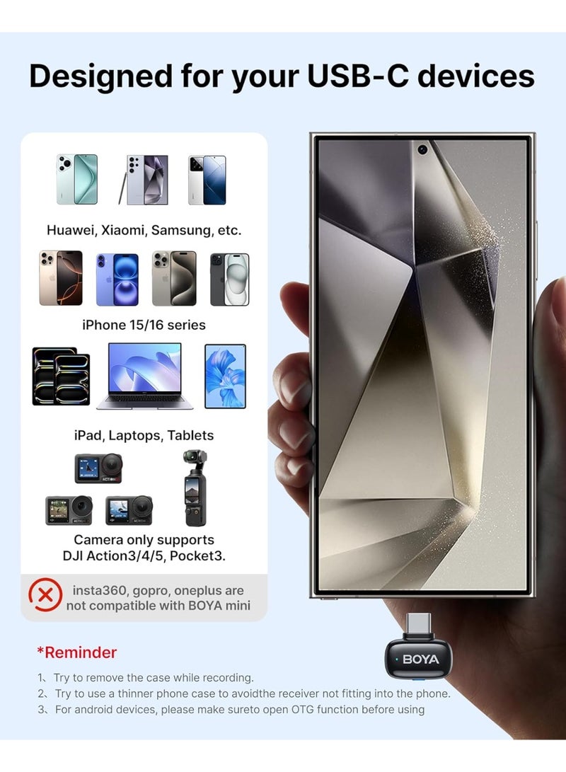 بويا ميكروفون لافالير لاسلكي صغير  لأجهزة Android/iPhone 15/16، توصيل وتشغيل عبر USB-C، نطاق تغطية 328 قدمًا، بطارية تدوم 6 ساعات، تقليل ضوضاء بالذكاء الاصطناعي بثلاثة مستويات، مغير صوت بالذكاء الاصطناعي لليوتيوب/تيك توك/التسجيل (2 جهاز إرسال + 1 جهاز استقبال، بدون علبة شحن) - Image 5