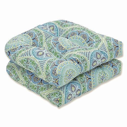 Pillow Perfect OutdoorIndoor Tufted Seat Cushions Round Back 19 x 19 Blue Delancey Lagoon 2 Count