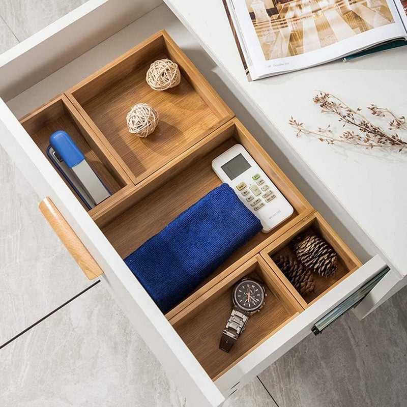 Lawei Set of 5 Bamboo Drawer Organizer Boxes, Desk Storage Box Kit, Drawer Storage Containers Tray Bins for Office, Kitchen, Bedroom, Children Room, Craft, Sewing - Image 4