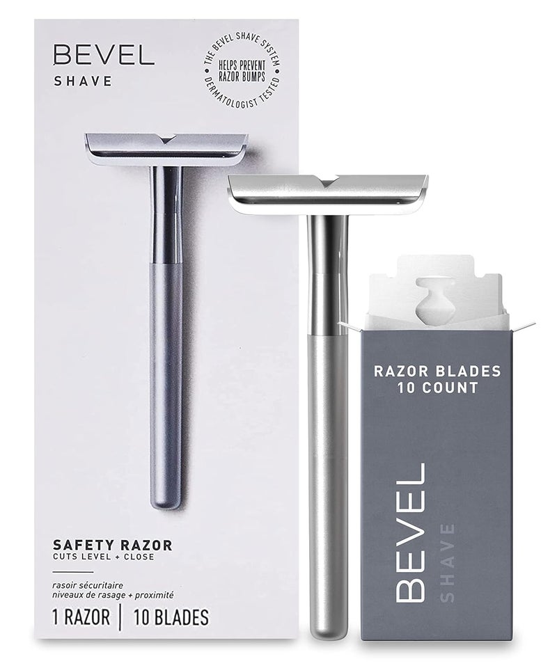 Bevel Safety Razor with Brass Weighted Handle and 10 Double Edge Safety Blade Refills Single Blade Razor for Men Designed for Coarse Hair to Prevent Razor Bumps  Silver Packaging May Vary