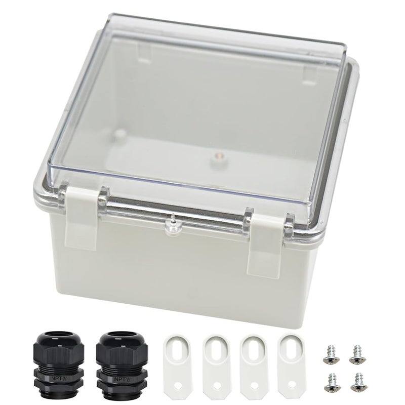 Zulkit Junction Box ABS Plastic Dustproof Waterproof IP65 Electrical Boxes Hinged Shell Outdoor Universal Project Enclosure Clear Cover with 2 Cable Glands 59 x 59 x 35 inch 150x150x90 mm