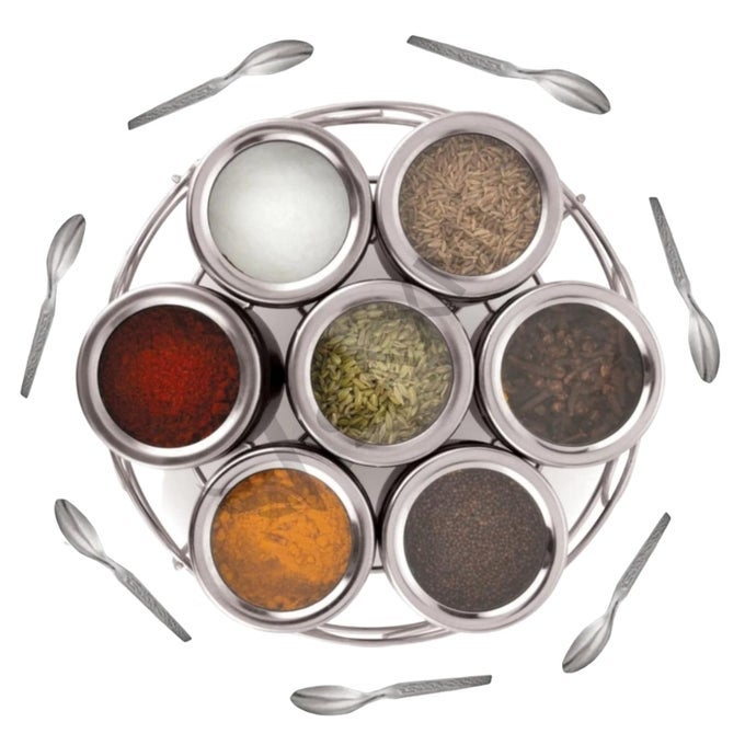 STEEL MASALA DABBA BOX MASALA BOX FOR KITCHEN STEEL MASALA DANI SPICE BOX STEEL SEE THROUGH LID WITH 7 SPOONS PACK OF 7 SILVER