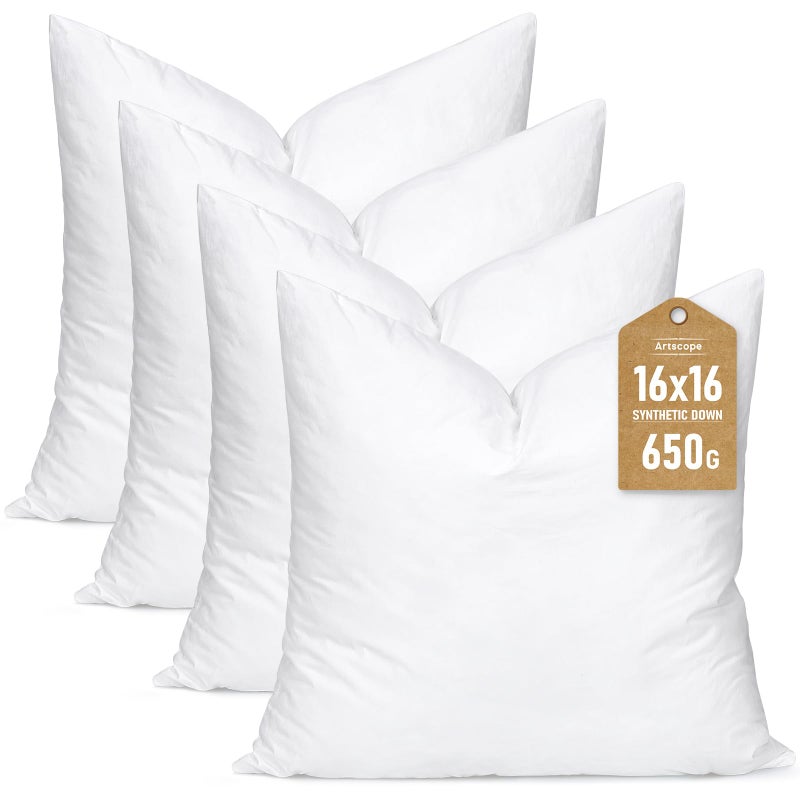 Artscope Synthetic Down Pillow Insert, 16x16 Down Alternative Throw Pillow Insert. Ultra Soft Fluffy Sleeping Pillow with 100% Cotton Cover, Decorative Pillows Set of 4-White. - Image 1