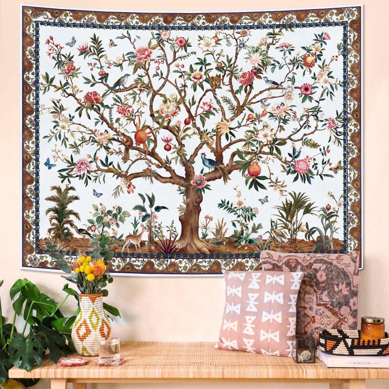 Faxdong Boho Tree of LIfe Tapestry, Vintage Flower Leaves Birds Plant Animal Pattern Tapestries, Retro Indian Bohemian Aesthetic Wall Hanging White 36Ã—48 inch - Image 2