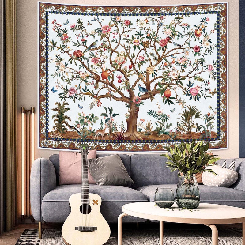 Faxdong Boho Tree of LIfe Tapestry, Vintage Flower Leaves Birds Plant Animal Pattern Tapestries, Retro Indian Bohemian Aesthetic Wall Hanging White 36Ã—48 inch - Image 3