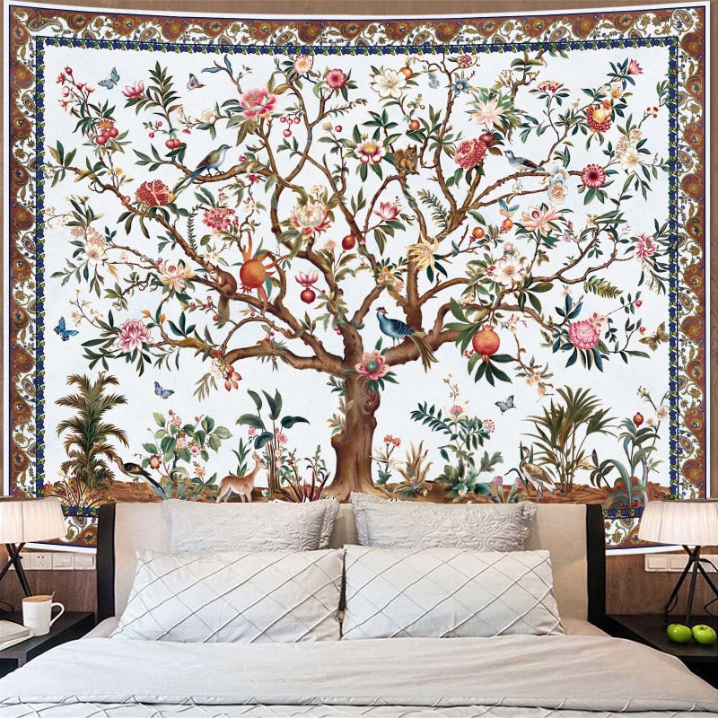 Faxdong Boho Tree of LIfe Tapestry, Vintage Flower Leaves Birds Plant Animal Pattern Tapestries, Retro Indian Bohemian Aesthetic Wall Hanging White 36Ã—48 inch - Image 4