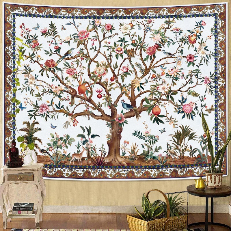 Faxdong Boho Tree of LIfe Tapestry, Vintage Flower Leaves Birds Plant Animal Pattern Tapestries, Retro Indian Bohemian Aesthetic Wall Hanging White 36Ã—48 inch - Image 1