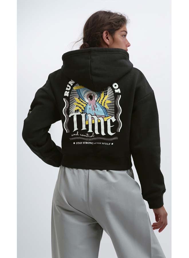 RAVIN Black Printed Cropped Sweatshirt With Hooded Neck - Image 3