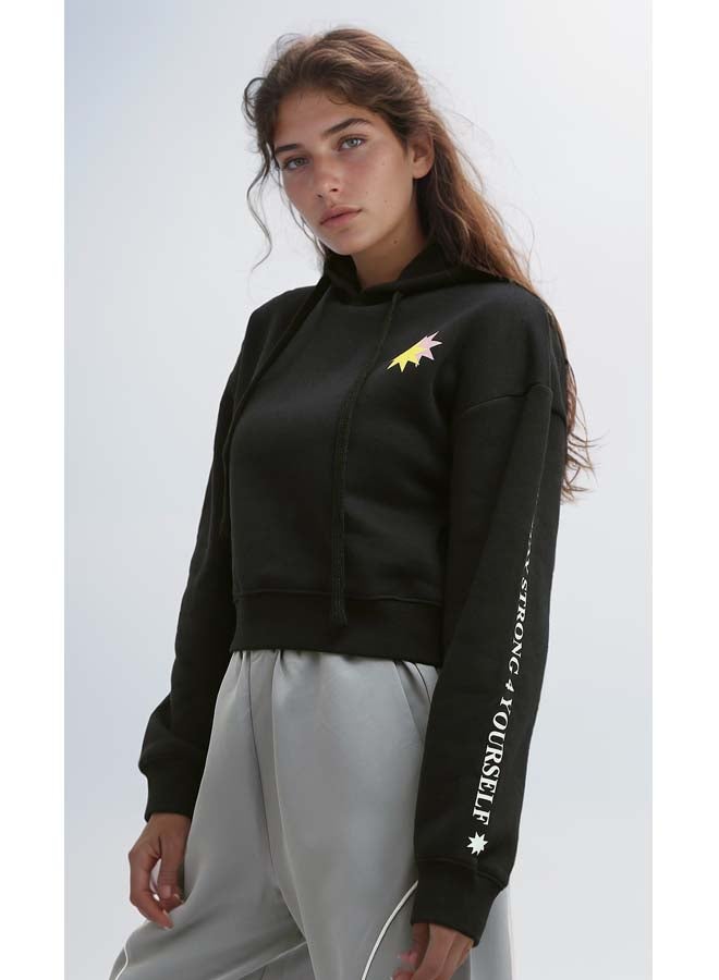 RAVIN Black Printed Cropped Sweatshirt With Hooded Neck - Image 2