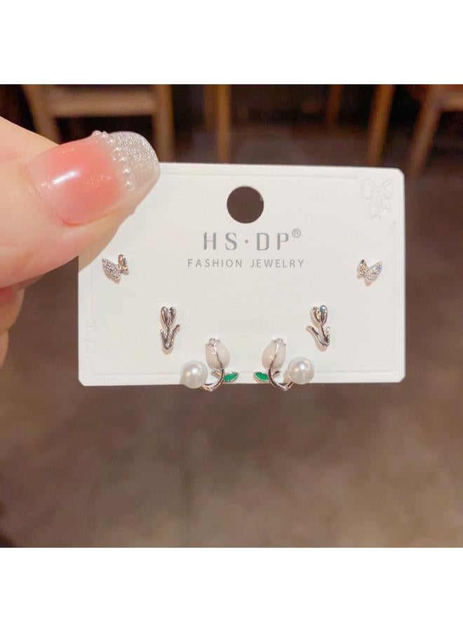 S925 Silver Needle Micro Inlaid Zircon Short Earrings Short Hair Earrings And Korean Elegant All-match Simple Three-piece Set Earrings For Women 