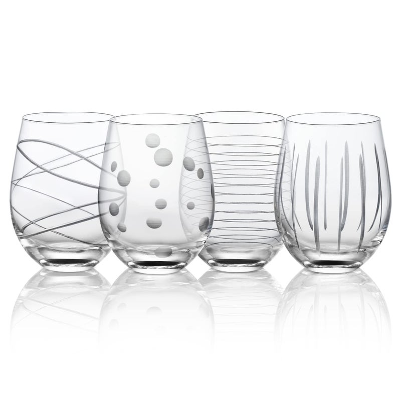 Joeyan Hand Blown Etched Stemless Wine Glasses with Dots Strips Pattern for Red WineLarge Carved Drinking Glass Cups Tumblers for Wedding Anniversary Party HomeSet of 4175 oz