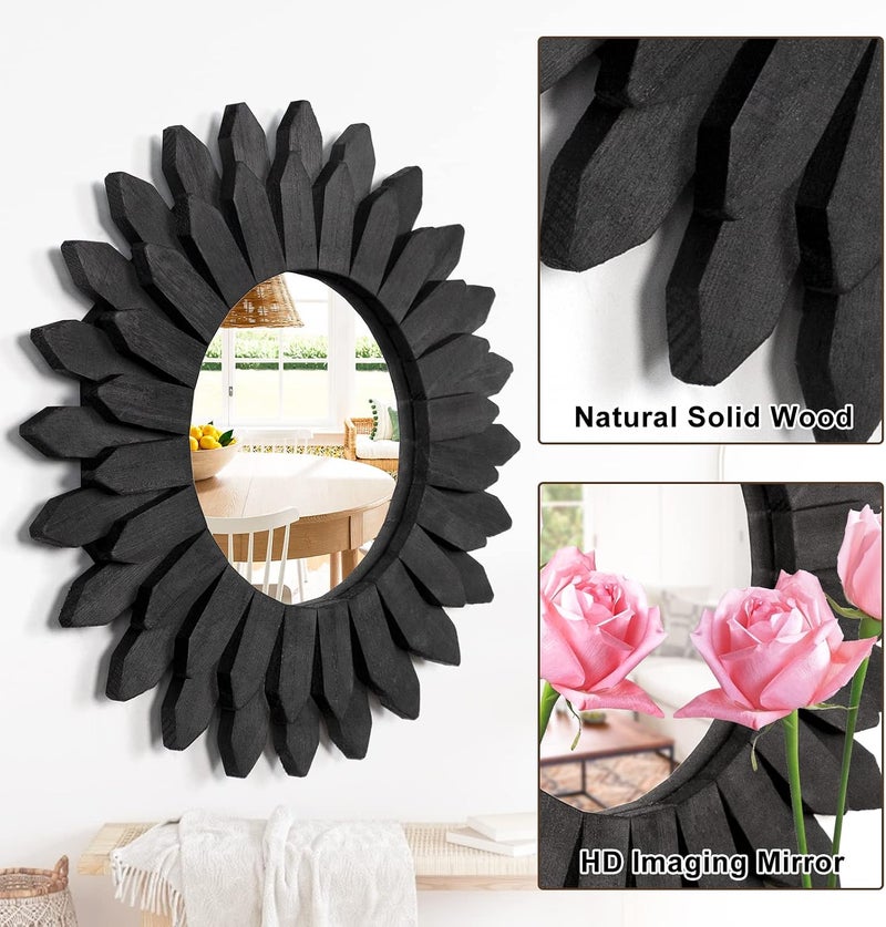 Emfogo Wall Mirror 12 inch Rustic Wood Sunburst Boho Mirror Farmhouse Wall Decor Room Decor Home Decor for Bedroom Living Room Entryway (Vintage Black) - Image 5