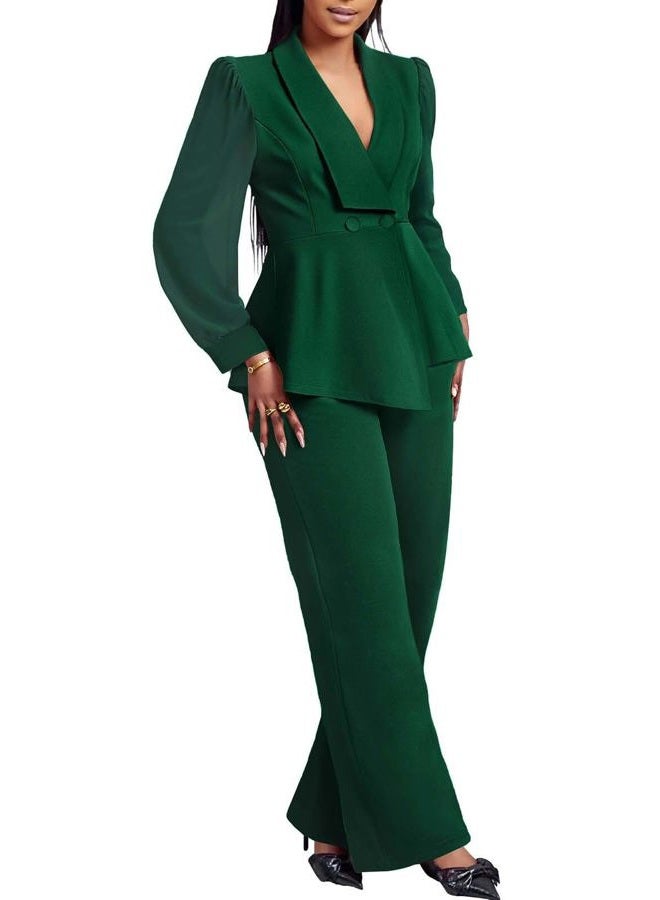Annystore Women Double Breasted Blazer Pants Suit 2 Piece Set Long Sleeve V Neck Blazer Pants Business Suit Set, Green, L - Image 1