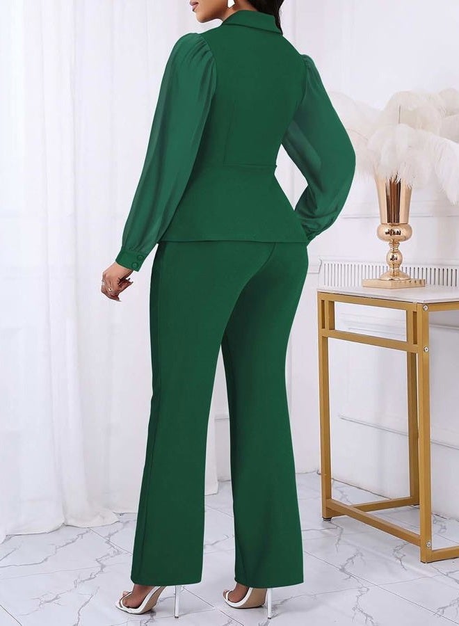 Annystore Women Double Breasted Blazer Pants Suit 2 Piece Set Long Sleeve V Neck Blazer Pants Business Suit Set, Green, L - Image 2