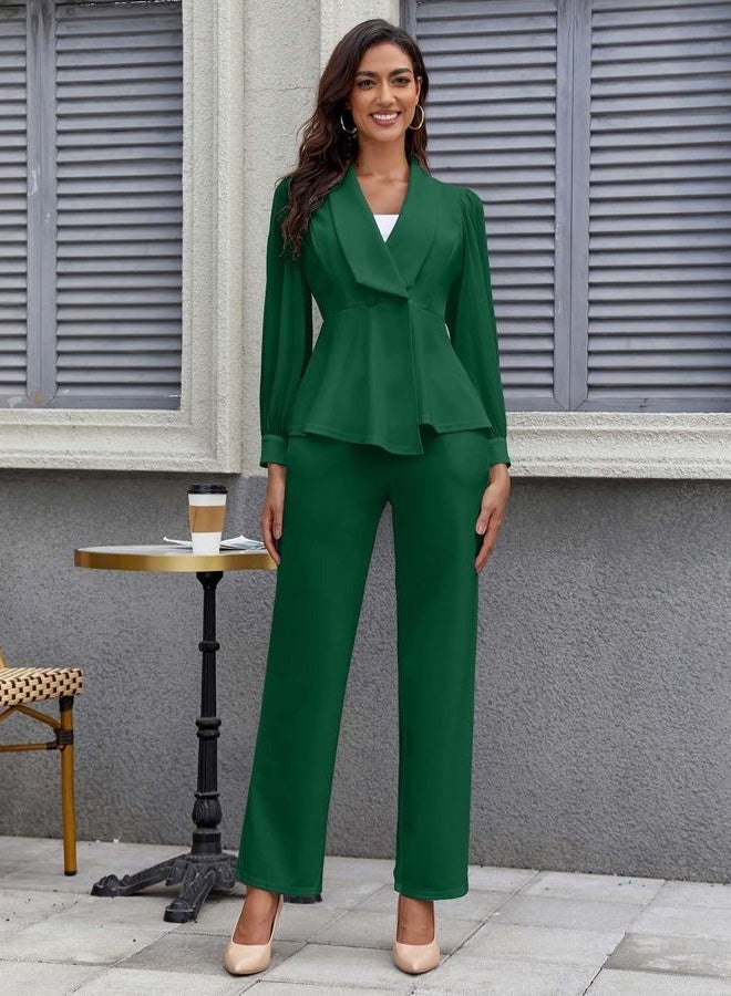 Annystore Women Double Breasted Blazer Pants Suit 2 Piece Set Long Sleeve V Neck Blazer Pants Business Suit Set, Green, L - Image 5