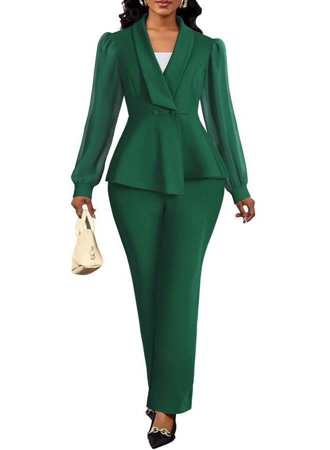 Annystore Women Double Breasted Blazer Pants Suit 2 Piece Set Long Sleeve V Neck Blazer Pants Business Suit Set, Green, L - Image 3