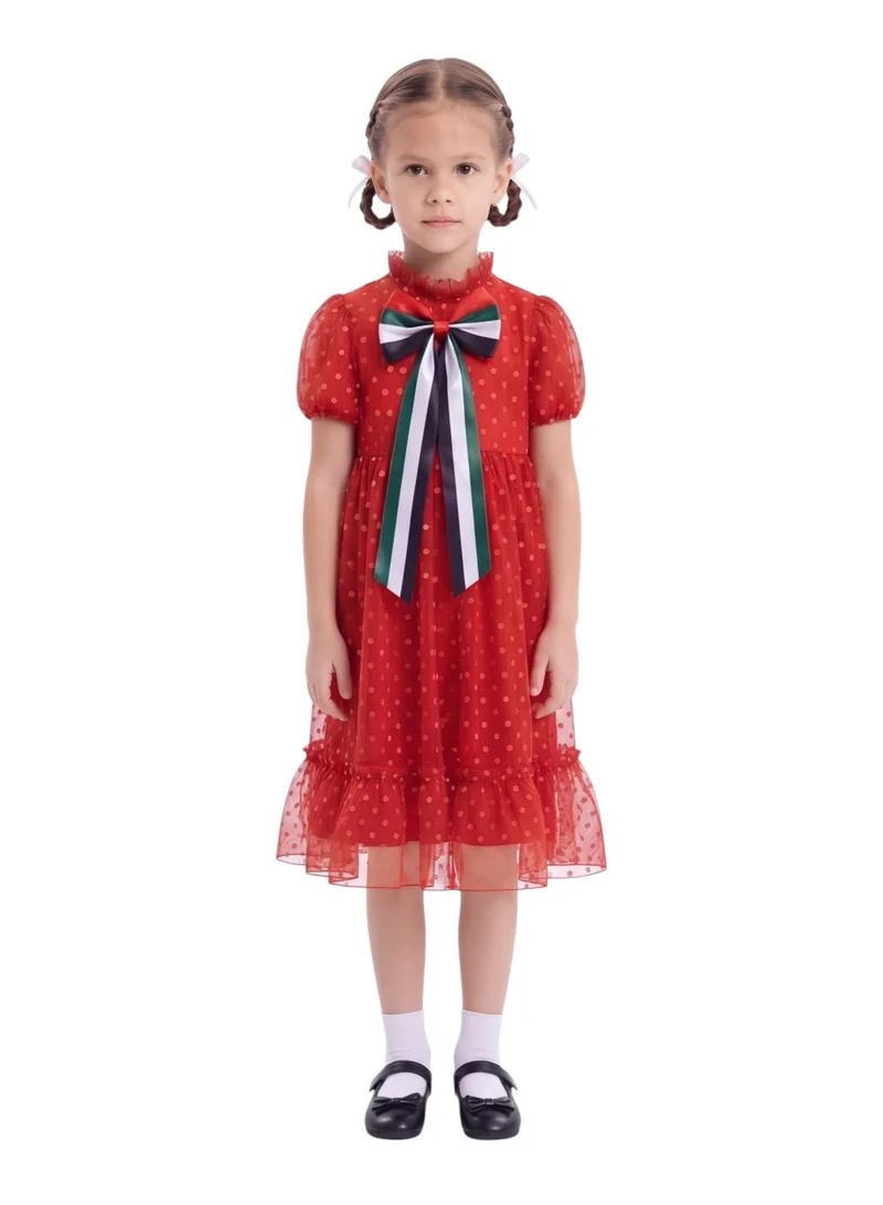 دىدانيالا Girls 2-in-1 Red Polka Dot Tulle Party Dress with Removable UAE Flag Ribbon