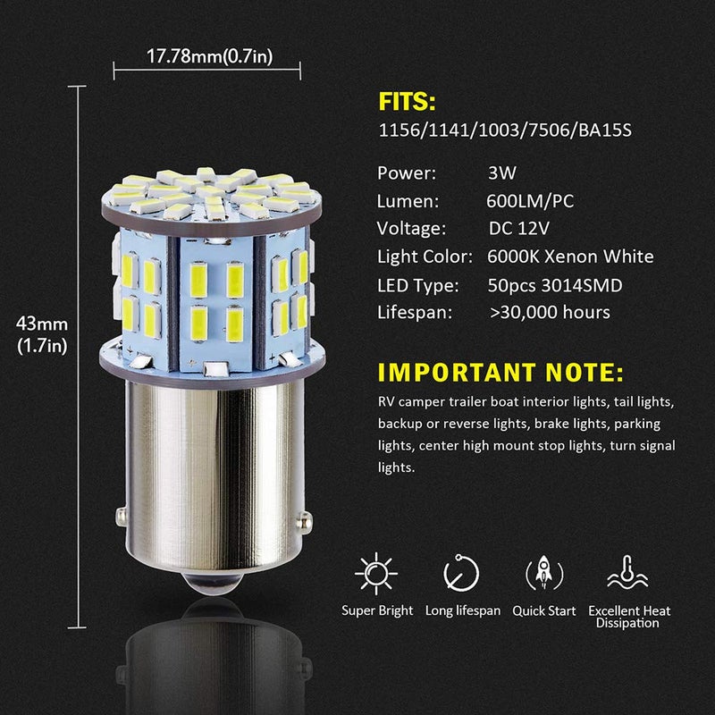 AUXLIGHT 20 PCS 1156 1141 1003 7506 BA15S RV Interior Light Bulbs, Super Bright 50SMD LED Replacement for 12 Volt RV Camper Trailer Boat Trunk Interior Lights (6000K Xenon White) - Image 4