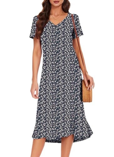 VOBCTY Women's Casual Short Sleeve Tshirt Dress Summer Side Split Loose V Neck Dresses(64B,Small) - Image 1