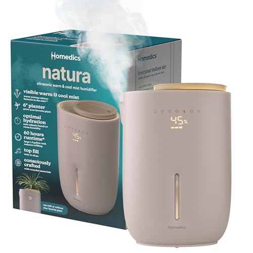 Homedics Natura Ultrasonic Warm Cool Mist Humidifier 13Gal for Large Rooms 60Hr Runtime Plant Holder Programmable Humidity Auto Shutoff Nightlight Small Pot CompatiblePlant Not Included - Image 1