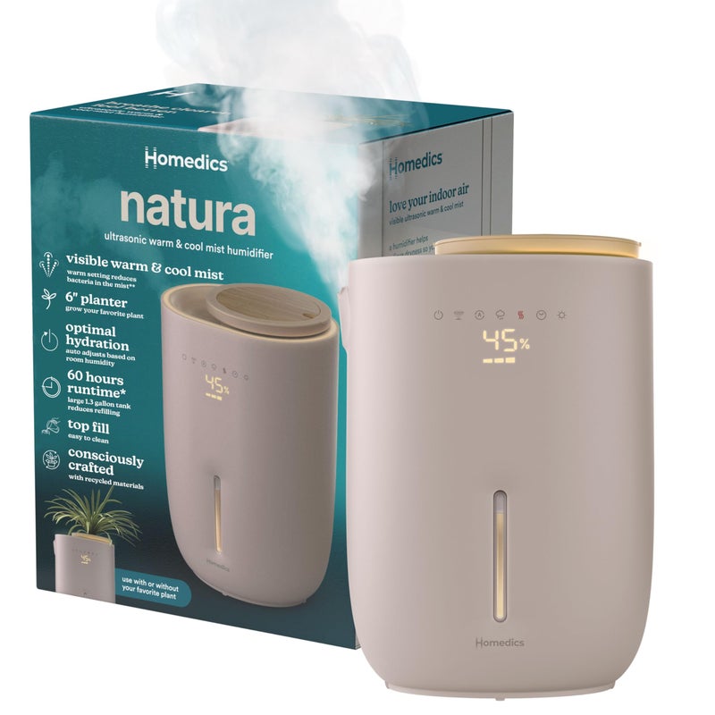 Homedics Natura Ultrasonic Warm Cool Mist Humidifier 13Gal for Large Rooms 60Hr Runtime Plant Holder Programmable Humidity Auto Shutoff Nightlight Small Pot CompatiblePlant Not Included - Image 2