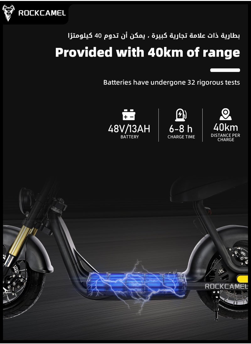 ROCKCAMEL - 48V Electric Scooter for Adults Up To 45km/h Speed with Seat 115KG Capacity Scooter Adult,14"X10" Off-road Tires Scooters for Street Commuting and Limit Terrain Offroad - Image 1