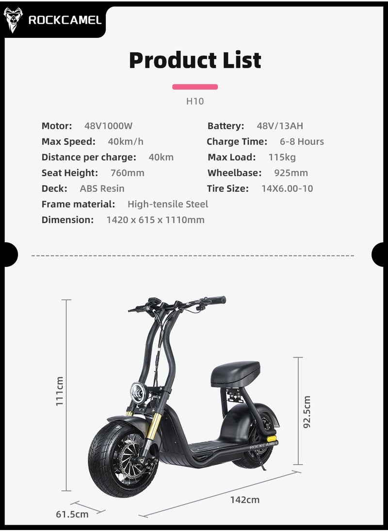 ROCKCAMEL - 48V Electric Scooter for Adults Up To 45km/h Speed with Seat 115KG Capacity Scooter Adult,14"X10" Off-road Tires Scooters for Street Commuting and Limit Terrain Offroad - Image 1