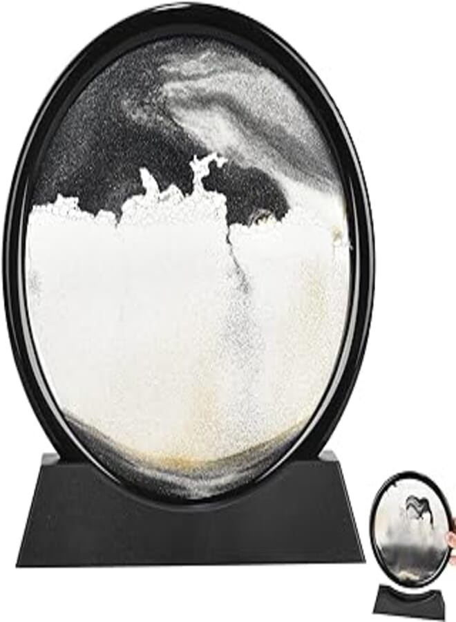 Rikmody Moving Sand Art Picture, Flowing Sand Painting Liquid Motion Decor, 3D Hourglass Deep Sea Sandscape, Round Glass Frame Display Flowing Sand Relaxing Decoration for Desktop Home Office Work (Black) 