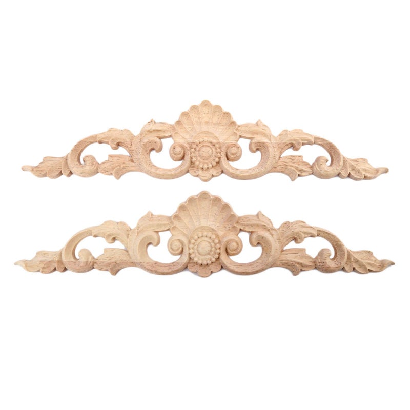 MUXSAM Wood Carved Appliques  2-Pack Unpainted Wooden Carvings Decals Overlay Decorative Onlays for Walls Doors Cabinet Dresser Mantel Fireplace Bed Cupboard DIY Craft Project  30x6cm/11.81""x2.36"" - Image 1