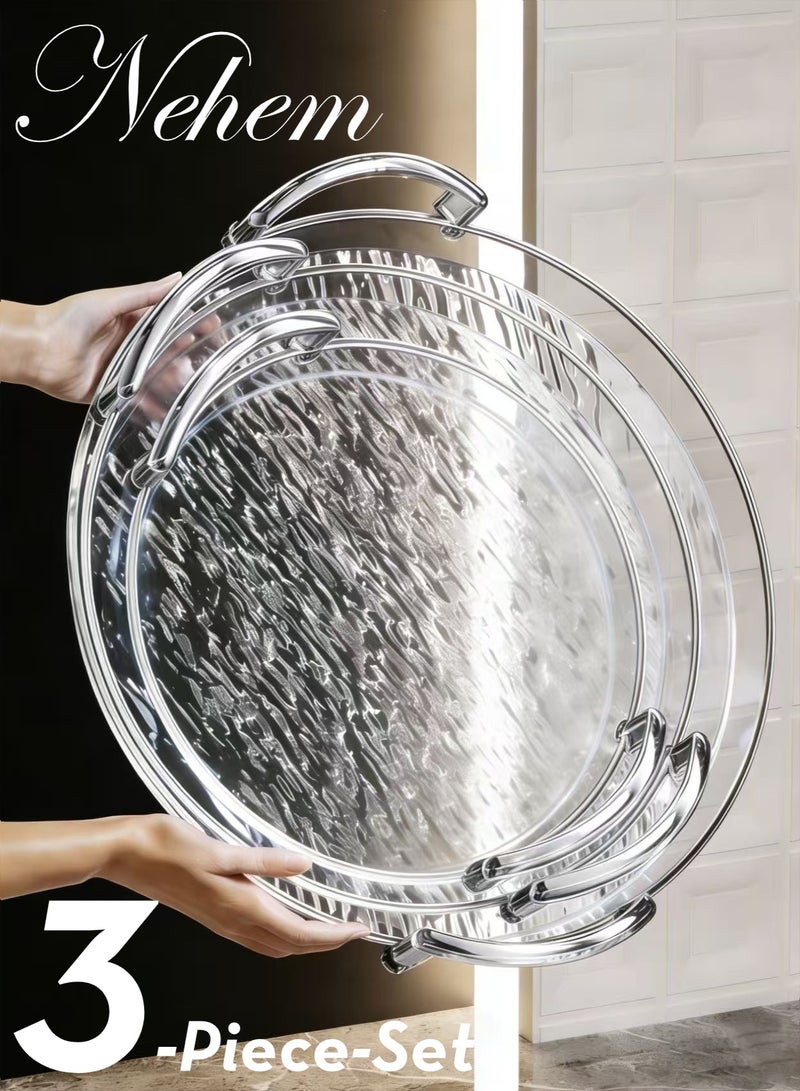 nehem 3 PCS Clear Serving Tray, With Polished Metal Handles, Serving Plate, Wavy Pattern Clear Tray, Spill-Proof Tray, Decorative Serving Tray for Coffee Table, Tea, Storage - Image 1